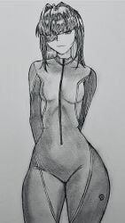 1girls aapendooors arms_behind_back bodysuit dark_hair doll_(murder_drones) eye_patch eyepatch long_hair murder_drones small_breasts straight_hair thick_thighs thin_waist wide_hips