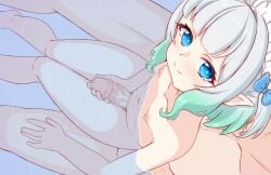 1boy 1girls absurdres bath blue_bow blue_eyes bow breasts commentary densetsu.exe female gradient_hair green_hair handjob highres indie_virtual_youtuber kisaragi_1go looking_at_viewer looking_up maid_headdress mint_fantome multicolored_hair nipples penis_between_thighs pointy_ears pussyjob shared_bathing small_breasts thigh_job thigh_sex thighjob thighs virtual_youtuber vtuber white_hair