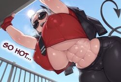 1girl abs arms_up baxx15 black_jacket black_necktie black_pants cameltoe demon_horns demon_tail fingerless_gloves from_below helltaker huge_breasts justice_(helltaker) low_angle muscular_female open_mouth outdoor red_gloves red_shirt shiny_skin solo sun sunglasses sweat underboob white_hair