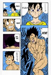 1boy 1girls annoyed black_eyes black_hair blue_eyes canon_couple clothed_female_nude_male cum cum_on_face dragon_ball dragon_ball_z embarrassed garland_(rehabilitation) gritted_teeth humor nude_male short_hair sobbing son_gohan videl