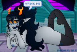 1girls ass bed black_hair blue_eyes blue_nipples breasts dialogue fangs full_body grey_skin homestuck horns imperialnyx long_hair looking_at_viewer ms_paint_adventures naked nipples open_mouth pointy_ears solo speech_bubble text thighhighs troll vriska_serket