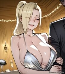 1boy 1girl ai_generated areola_slip bare_shoulders big_ass black_jacket blonde_hair blush boruto:_naruto_next_generations breasts bubble_butt candle champagne champagne_flute chandelier cleavage closed_eyes cocktail_dress collarbone comic comic_page cup curvy dress drinking_glass english_text evening_gown eyes_visible_through_hair formal grey_dress hair_over_one_eye halter_dress halterneck hetero highres holding_another's_arm huge_breasts indoors ino_yamanaka ino_yamanaka_(genin) jewelry large_breasts long_hair multiple_panels naruto naruto_(series) naruto_shippuden open_mouth patreon phanary plunging_neckline ponytail revealing_clothes silver_dress sleeveless_dress smile solo_focus speech_bubble teeth thick upper_teeth_only