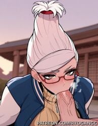 1female 1girl 1girls 2d 2d_(artwork) ai_generated ayase_seiko big_breasts big_tits blowjob blowjob_face brown_eyes cock_in_mouth dandadan glasses hair_bun high_resolution highres large_ass large_breasts large_tits light-skinned_female light_skin patreon patreon_username ryogangg white_hair