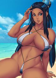 1girls beach bemannen big_breasts bikini blue_eyes blue_hair dark-skinned_female dark_skin earrings female female_only hoop_earrings large_breasts micro_bikini nessa_(pokemon) nintendo pokemon pokemon_ss solo spread_legs swimsuit thick_thighs thighs