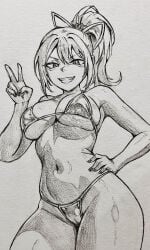 >:d 1girls aapendooors bangs big_breasts bikini bow cameltoe hair_bow hand_on_hip lizzy_(murder_drones) murder_drones ponytail smile smiling thick_thighs v wide_hips