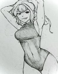 >:p 1girls aapendooors armpits arms_behind_head arms_up bangs character_request leotard medium_breasts one-piece_swimsuit sideboob steamy sweat sweaty swimsuit thick_thighs thin_waist tongue tongue_out tying_hair wide_hips
