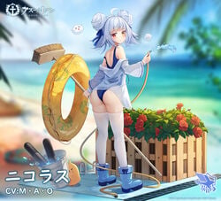 1girls ahoge alternate_costume ass azur_lane bangs beach blue_hair blush boots bubble_butt dango_remi double_bun eagle_union_(azur_lane) eyebrows_visible_through_hair fat_ass female heterochromia high_resolution hose innertube light-skinned_female light_skin looking_at_viewer manjuu_(azur_lane) mole mole_under_eye nicholas_(azur_lane) nicholas_(summer_cleaning_"volunteer")_(azur_lane) official_alternate_costume official_art one-piece_swimsuit platform_boots red_eyes rubber_boots shirt solo swimsuit thighhighs wet wet_clothes wet_shirt white_legwear