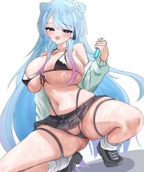 black_bikini blue_hair blush green_sweater highleg holding_object huge_breasts legs_apart off_shoulder shoes smile smug socks squatting
