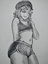 1boy aapendooors bulge cap crop_top dolphin_shorts exposed_midriff femboy hat murder_drones n_(murder_drones) navel one_eye_closed short_hair shorts thick_thighs tongue tongue_out
