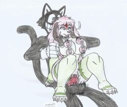 beige_fur bianca_(eltonpot) big_breasts big_hips big_penis black_body black_cat black_fur blue_eyes bouncing_breasts brown_fur cartoon_cat collar_belt collar_only colored_nails corpse_fuck dead demon_cat dog_girl earrings empty_eyes female_death furry guro head_shot hole_in_head magenta_body magenta_fur naked_female naked_gloves naked_stockings necrophilia nose_piercing pink_hair pussy_juice pussy_piercing red_penis sex_from_behind sitting_on_lap sitting_sex snuff traditional_drawing_(artwork) vaginal_sex white_background