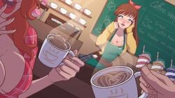 1other 2girls apron booty_farm breasts cleavage coffee coffee_mug female freckles game_cg holly_(booty_farm) human human_only looking_at_viewer mindy_(booty_farm) nutaku pov questionable tagme tender_troupe