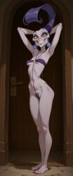 ai_generated arms_behind_head elderly_female gilf skinny_female sling_bikini smile swimwear the_emperor's_new_groove yzma