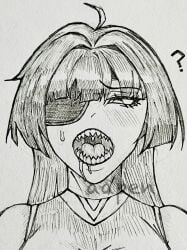 1girls ? aapendooors bangs blush blushing doll_(murder_drones) drool drooling eye_patch eyepatch female female_only long_hair mouth_open murder_drones nervous open_mouth sharp_teeth straight_hair sweat sweatdrop teeth_showing throat tongue