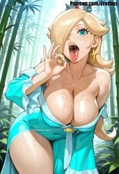 1girl ai_generated aqua_dress aqua_eyes aqua_nails bamboo bamboo_forest bare_shoulders blonde_hair blue_dress blue_eyes blue_nails breasts cleavage collarbone covered_navel crown dress earrings erothus fellatio_gesture forest hair_over_one_eye jewelry large_breasts long_hair long_sleeves looking_at_viewer mario_(series) nail_polish nature off_shoulder open_mouth oral_invitation rosalina saliva saliva_trail sexually_suggestive solo star_earrings thighs tongue tongue_out uvula wet