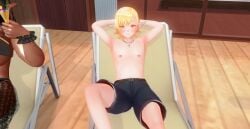 1boy 1girls abs big_breasts black_hair breasts breasts_bigger_than_head couple custom_maid_3d_2 custom_order_maid_3d_2 dark_skin elf elf_ears elf_male female gold_hair huge_breasts husband_and_wife large_breasts larger_female male massive_breasts muscular muscular_female navel_piercing oni oni_horns orc_female piercing red_eyes sex size_difference tall_female taller_female