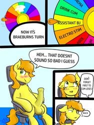 2018 3:4 anatomically_correct anatomically_correct_genitalia anatomically_correct_penis animal_genitalia animal_penis aroused balls bite biting_lip blue_background blue_eyes blush bondage bound braeburn_(mlp) chair chair_bondage comic competition dialogue english_text equine_penis erection feral friendship_is_magic fur furniture game_show genitals hair hasbro hi_res horse_tail killian_joy male male_only medial_ring my_little_pony offscreen_character orange_hair penis profanity semi-anthro sexual_competition simple_background solo speech_bubble spinning text wheel yellow_body yellow_fur