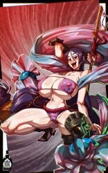 1girls armwear big_breasts bikini bikini_bottom bikini_top blush bottomwear breasts cleavage eyepatch_bikini fate/grand_order fate_(series) female female_only footwear hair holding_object holding_weapon huge_breasts large_breasts long_hair mature mature_female mature_woman milf minamoto_no_raikou_(fate/grand_order) minamoto_no_raikou_(swimsuit_lancer) nails neckwear nipple_bulge open_mouth purple_bikini purple_eyes purple_hair sandals smile solo solo_female squatting swimwear taboolicious thighs topwear weapon