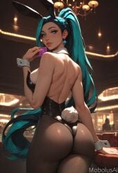 ai_generated ass bare_back bare_shoulders black_bunnysuit bunny_costume bunny_ears bunny_girl bunny_tail bunnysuit casino condom condom_wrapper earrings full_lips k/da_all_out_kai'sa k/da_all_out_series kai'sa league_of_legends long_hair looking_at_viewer mobolusai pantyhose ponytail teasing