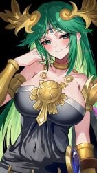 1girl absurdres alternate_color ancient_greek_clothes bare_shoulders big_breasts black_background black_dress blush blush_lines blushing breasts chain circlet closed_mouth collarbone commentary_request dress forehead_jewel gold_chain greco-roman_clothes green_eyes green_hair hair_ornament highres jewelry kid_icarus kid_icarus_uprising large_breasts laurel_crown long_hair looking_at_viewer neck_ring necklace nintendo palutena simple_background smile solo super_smash_bros. vambraces very_long_hair yasaikakiage