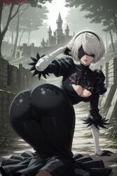 1girl ai_generated ass black_blindfold black_dress black_hairband blindfold breasts cleavage cleavage_cutout covered_eyes dress feather-trimmed_sleeves gloves hairband hi_res high_quality high_resolution huge_ass juliet_sleeves kiraamane large_breasts leotard long_sleeves mole mole_under_mouth nier:_automata patreon puffy_sleeves ruins seductive sexy shiny short_hair silver_hair solo thick_thighs thighs tree uncensored watermark yorha_2b yorha_no._2_type_b