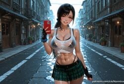 1girl abs ai_generated bangs bare_shoulders belt black_bra black_gloves black_hair black_panties blush bra breasts building cellphone city cleavage cowboy_shot crop_top crosswalk earrings final_fantasy final_fantasy_vii final_fantasy_vii_remake fingerless_gloves gloves green_skirt grin highleg highleg_panties holding holding_phone jewelry kermixx large_breasts long_hair looking_at_viewer midriff miniskirt nail_polish navel outdoors panties phone plaid plaid_skirt plant pleated_skirt ponytail potted_plant red_eyes red_nails road see-through selfie shirt skirt smartphone smile solo street tank_top tied_shirt tifa_lockhart town underwear wet wet_clothes wet_shirt
