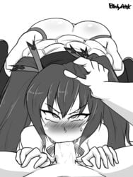 1boy 1girls ass black_hair blush bodyattk fellatio hand_on_head male_pov monochrome neptunia_(series) noire oral pov red_eyes sweat tears tied_hair twintails