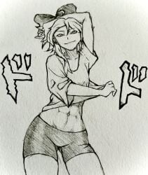 1girls aapendooors abs arm_above_head ass_visible_through_thighs bow cyn_(murder_drones) exposed_midriff hair_bow murder_drones navel shirt_tug short_hair shorts small_breasts thick_thighs thin_waist wide_hips wry_smile