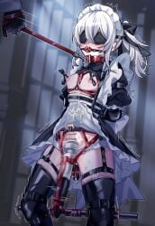 1boy 1other apron arms_behind_back ball_gag bar_censor bdsm bell belt_collar black_bow black_dress blindfold blush bondage boots bound bound_arms bound_legs bow censored chest_harness clothes_lift collar commentary crossdressing crossdressing_(mtf) crossed_bangs cum cum_on_chest cum_on_clothes dokomilk double-parted_bangs dress dress_lift feet_out_of_frame femboy frilled_apron frilled_dress frilled_panties frills gag gagged grey_hair hair_between_eyes hair_bow harness highres hitachi_magic_wand holding holding_leash jingle_bell large_variant_set leash leash_pull long_hair maid maid_apron maid_headdress male_focus male_maid motion_lines neck_bell nipple_clamps nipple_stimulation original panties penis pointy_ears ponytail puffy_chest red_collar sex_toy sidelocks spread_legs spreader_bar standing strap textless_version thigh_boots thigh_strap trap underwear variant_set vibrator vibrator_on_nipple vibrator_on_penis white_apron white_panties