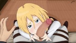 1boy 1girls attack_on_titan blonde_hair blowjob blue_eyes christa_lenz clothing curved_to_the_right_penis erection erehisu eren_jaeger female female_soldier fenqury giver_pov hair_down handjob historia_reiss holding_penis long_hair looking_at_viewer male male_pov oral paradis_military_uniform partner penis penis_out pov pov_eye_contact shingeki_no_kyojin soldier soldiers tied_hair