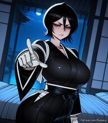 1girl ai_generated alternate_breast_size big_ass black_hair black_kimono bleach bleach:_the_thousand-year_blood_war blush breasts bubble_butt comic comic_page curvy english_text full_moon futanari gloves hair_between_eyes highres hip_vent huge_breasts indoors interracial japanese_clothes kimono kuchiki_rukia large_breasts looking_at_viewer moon multiple_panels night night_sky phanary pointing purple_eyes rukia_kuchiki short_hair sky solo speech_bubble thick white_gloves wide_sleeves