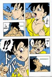 1boy 1girls black_eyes black_hair blowjob blue_eyes canon_couple closed_eyes clothed_female_nude_male cum cum_in_mouth cum_on_face dragon_ball dragon_ball_z exposed_breast exposed_nipple fellatio garland_(rehabilitation) gritted_teeth nude_male one_eye_closed open_mouth penis saliva saliva_on_penis short_hair son_gohan top_pull videl