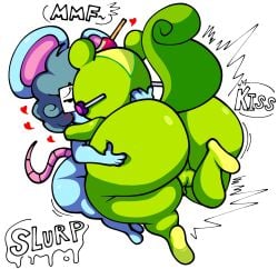2026 anthro balls big_butt biscuit_(bizkit) blue_body blue_fur blush butt candy dessert duo eyewear food fur genitals glasses green_body green_fur happy_tree_friends heart_symbol hi_res holding_butt kissing lucaslora making_out male male/male mammal murid murine nutty_(htf) rat rodent sciurid tail tree_squirrel