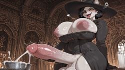 1girl ai_generated alcina_dimitrescu black_dress black_gloves black_hair black_headwear black_rose blush breasts breasts_out cum decurse dress ejaculation erection flower futanari gloves hat heart huge_breasts huge_penis indoors large_penis lipstick makeup nipples one_eye_closed open_mouth pale_skin penis rose short_hair smile solo teeth testicles tongue tongue_out uncensored veins veiny_penis yellow_eyes