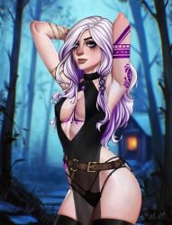1female 1females 1girl 1girls absurd_res absurdres artist_request ashe_(venzari) braid braided_hair choker commission commission_art commissioner_upload ear_piercing earrings elf fair_skin light-skinned_female light_skin lip_ring long_hair nose_piercing nose_ring original_character purple_eyes purple_hair runny_makeup runny_mascara second-party_source tagme tattoo tattoo_on_arm tattoo_on_chest tattooed_arm tattoos thick_eyesbrows two-tone_hair white_hair witch