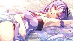 beach black_ribbon breasts eiyuu_densetsu female long_hair lying lying_on_back purple_eyes purple_hair purple_swimsuit purple_swimwear renne_(eiyuu_densetsu) renne_bright swimsuit swimwear trails_in_the_sky trails_of_(series) trails_through_daybreak water