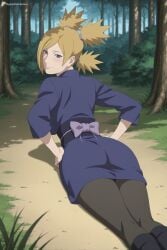 1girl ai_generated ass black_pantyhose blonde_hair blush closed_mouth day digitalwaifugallery female female_only forest from_behind grass hands_on_own_hips hi_res high_quality high_resolution japanese_clothes looking_at_viewer looking_back lying naruto nature on_stomach outdoors pantyhose patreon patreon_username quad_tails sash seductive sexy smile solo temari tree uncensored watermark