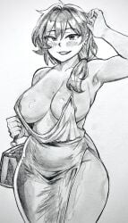1girls aapendooors areolae arm_up armpits bag bangs big_breasts blush blushing chubby dark_hair dress dress_slit earrings murder_drones nipple_bulge nori_(murder_drones) purse revealing_clothes revealing_dress smile smiling thick_thighs tied_hair tight_clothing wide_hips
