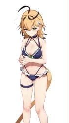 1girl 1girls ahoge big_breasts bikini black_hair blonde_hair blue_bikini breasts cleavage commentary dooby dooby3d dooby_(summer) female flower green_eyes hair_flower hair_ornament highleg highleg_bikini highres indie_virtual_youtuber jerboa_tail large_breasts medium_hair mole mole_on_thigh multi-strapped_bikini_top multicolored_hair navel skaarl_(artist) solo streaked_hair striped_bikini striped_clothes swimsuit thigh_strap thighs tits virtual_youtuber vtuber white_background