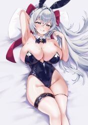 2026 bare_thighs big_breasts bunnysuit commission huge_breasts laying_on_bed star_savior tagme thick_thighs vavamva white_hair