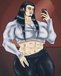 abs asian avatar_the_last_airbender black_hair cuntboy dilf fanart ftm gold_eyes gym_clothes huge_breasts huge_pecs lavalewdz long_hair male_bitch modern_au muscular muscular_male ozai pale_skin selfie semi_nude thick_thighs tight_clothing wide_hips