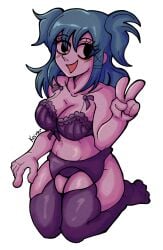 1girls 2026 artist_request black_bra black_eyes black_panties blue_hair bra breasts cleavage garter_belt garter_straps kneeling lacey_(lacey_games) lacey_games lingerie looking_at_viewer no_shoes open_mouth panties stockings tagme thick_thighs thighs v_sign watermark