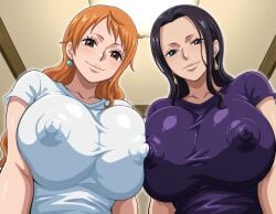 2girls ai_generated big_boobs big_breasts black_hair blue_eyes brown_eyes curvy curvy_body curvy_female curvy_figure female female_only huge_breasts kyoru189 large_breasts light-skinned_female light_skin looking_at_viewer looking_down looking_down_at_viewer mature_female milf nami_(one_piece) nico_robin nipple_bulge nipples nipples_visible_through_clothing one_piece orange_hair seductive seductive_eyes seductive_look seductive_smile shiny shiny_skin solo solo_female t-shirt