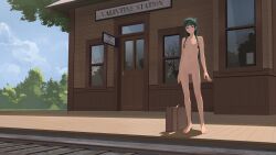 1girl absurdres arms_at_sides barefoot blue_eyes blue_eyes_(manga) bow braid briefcase clitoral_hood cloud cloudy_sky commission commissioner_upload completely_nude door drid exhibitionism feet fingernails flat_chest freckles full_body green_hair hair_bow highres hime_cut kusuriya_no_hitorigoto light_smile long_hair maomao_(kusuriya_no_hitorigoto) navel nude outdoors public_indecency public_nudity pussy railroad_tracks sky solo standing thigh_gap toenails toes train_station uncensored window
