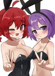 2girls ahoge artist_request bare_shoulders bikini black_bikini black_hairband black_leotard blush bunny_ears bunnysuit cleavage closed_mouth collarbone drill_hair expressionless fake_animal_ears hairband jitome kasane_teto kasane_teto_(utau) large_breasts leotard navel one_eye_closed open_mouth playboy_bunny purple_eyes purple_hair rabbit_ears red_eyes red_hair short_hair simple_background small_breasts strapless_leotard sweat synthesizer_v twin_drills utane_uta utau v white_background