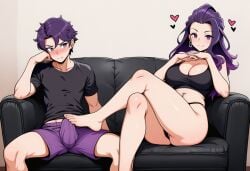 ai_generated brother_and_sister g-string incest nabila_gele original_character original_characters purple_hair siblings teasing toes_on_penis wet_pussy