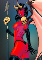 1girls ass big_ass big_breasts black_hair breasts demon demon_girl female horns monster_girl nipples purgatori red_skin solo tagme_(artist)