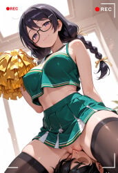 1boy 1girl ai_generated black_hair cheerleader cheerleader_uniform covered_nipples crop_top cunnilingus faceless_male facesitting from_below glasses hair_clip hair_ornament half-closed_eyes hanekawa_tsubasa looking_at_viewer low_twin_braids medium_breasts milfhunter228 miniskirt monogatari_(series) naughty_face on_bed oral pom_poms purple_eyes pussy recording shiny_skin sitting_on_face smile spread_legs thighhighs twin_braids