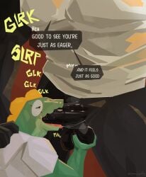 absurd_res ambiguous_gender ball_grab ball_grope balls black_body black_sclera bodily_fluids clothing demon dialogue english_text erection eyewear faceless_character fellatio frill_(anatomy) genitals glasses glk green_body hand_on_back hi_res humanoid_genitalia humanoid_penis kneeling kneeling_oral_position lizard luvam_(luvamisguilty) luvamisguilty maeryn_(luvamisguilty) male male/ambiguous male/male moan multicolored_body narrowed_eyes onomatopoeia open_mouth oral penile penis reptile saliva scalie sex shirt simple_background sleep_paralysis_demon sound_effects speech_bubble tail tank_top text tongue tongue_out tongue_out_fellatio topwear two_tone_body wearing_glasses yellow_frill