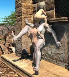1girls 2boys 2boys1girl fellatio final_fantasy final_fantasy_xiv gpose_(ffxiv) group holding_head lalafell muscular_female public public_sex questionable_consent roegadyn size_difference tagme