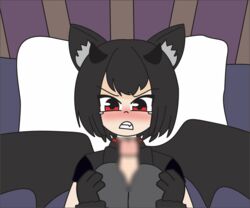 animal_ears black_hair censored_penis demon demon_girl demon_wings horns kratex oppai paizuri paizuri_under_clothes red_eyes serpias tears virtual_youtuber